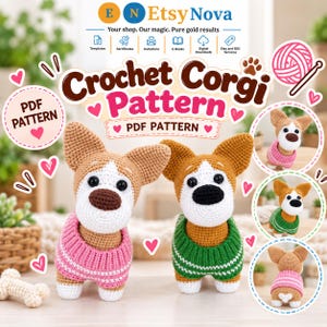 Könnte beinhalten: Eine digitale PDF-Häkelanleitung für einen Corgi-Hund, mit zwei fertigen gehäkelten Corgi-Spielzeugen in rosa und grünen Pullovern, sowie zusätzlichen kreisförmigen Bildern, die den Corgi in verschiedenen Pullovern und eine Rückansicht mit weißem Herz zeigen.