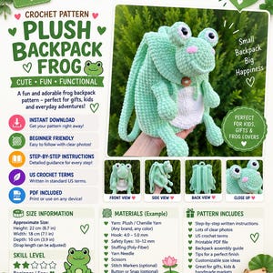 May include: A digital crochet pattern for a plush frog backpack. The document includes text, photos of a light green crocheted frog backpack with a white belly, and lists materials like plush yarn, 10-12 mm safety eyes, and a 4.0-5.0 mm hook.