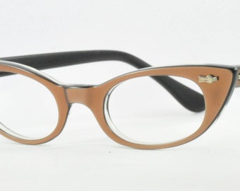 Vintage Cat Eye Glasses, NOS, Layered Brown over Black, Small Size, 1950s, 1960s
