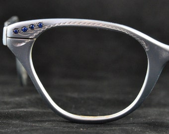 Tura Cat Eye Glasses, Matte Silver w Aqua Hue, Blue Rhinestone Brow, 1950s, 1960s