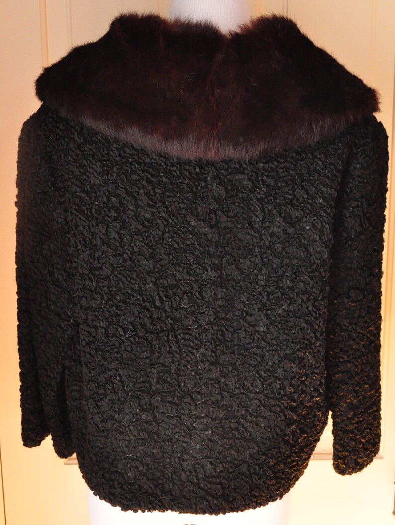 1950s 1960s Cropped Jacket, Tailor Made, Black Faux Lamb with Fur Collar image 4
