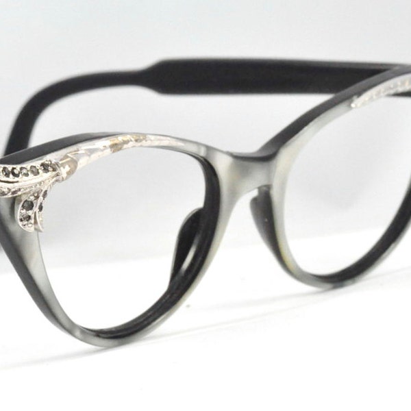 Vintage Cat Eye Glasses, Pearlescent Gray with Beautiful Feathered Corners and Black Diamond Rhinestones, France, Size Large