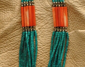 Vintage Multi Strand Wooden Bead Necklace, Turquoise Colored, Orange Accents