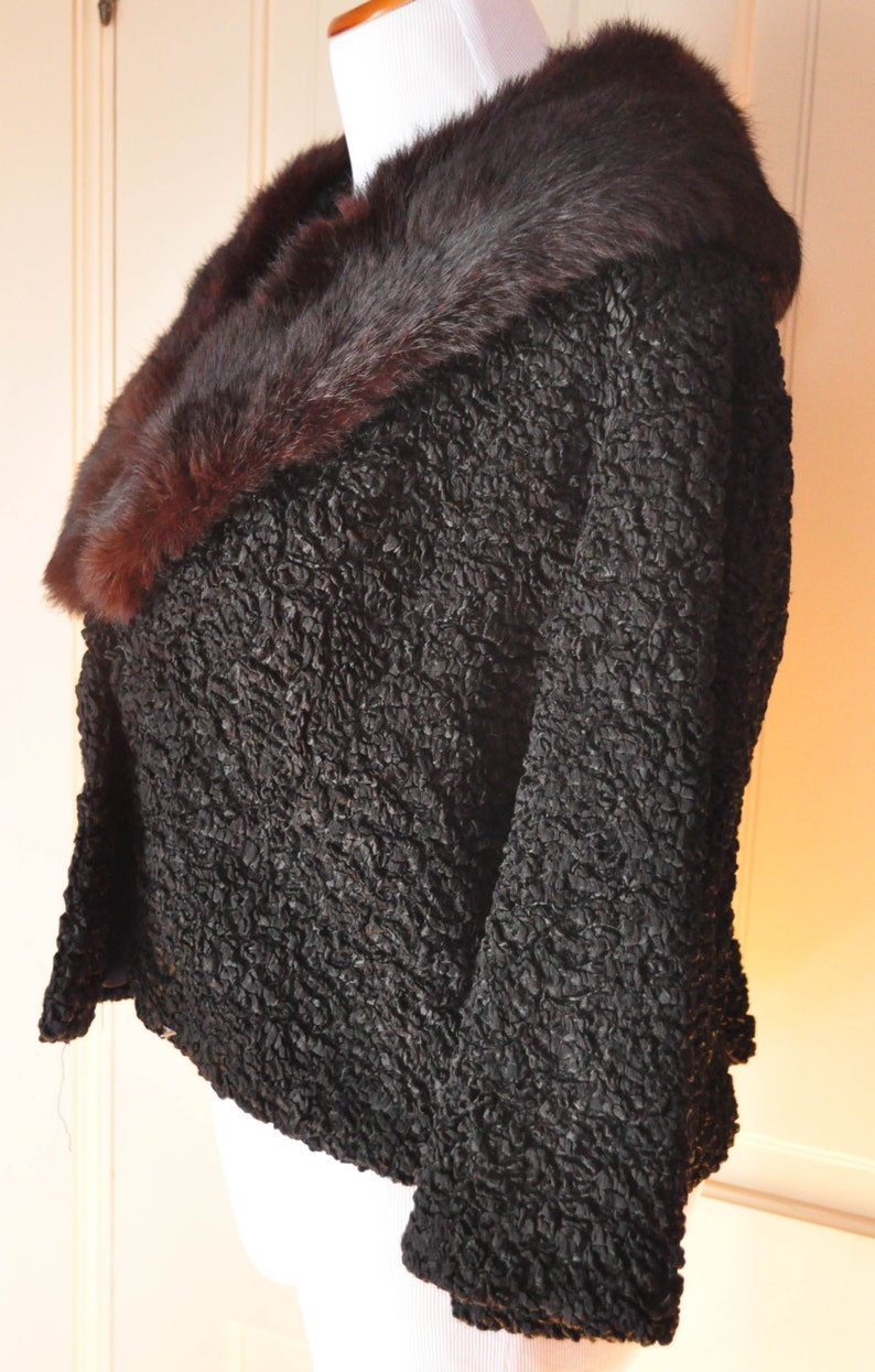1950s 1960s Cropped Jacket, Tailor Made, Black Faux Lamb with Fur Collar image 3