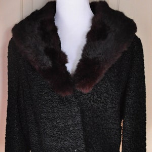 1950s 1960s Cropped Jacket, Tailor Made, Black Faux Lamb with Fur Collar image 1