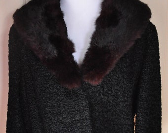 1950s - 1960s Cropped Jacket, Tailor Made, Black Faux Lamb with Fur Collar