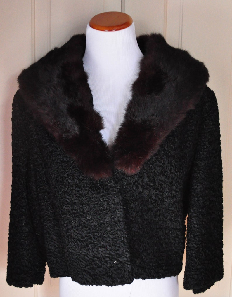 1950s 1960s Cropped Jacket, Tailor Made, Black Faux Lamb with Fur Collar image 1