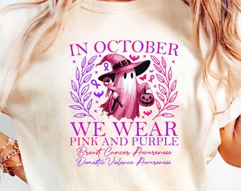 In ottobre indossiamo la maglietta rosa e viola, maglietta per la sensibilizzazione sul cancro al seno e sulla violenza domestica, supporto per il cancro, maglietta con fantasma di Halloween, regalo