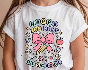 Happy 100 Days of School PNG, Groovy Kidcore School Shirt Design, Cute Pink Bow Pencil Teacher Student Celebration Clipart, 100th Day png