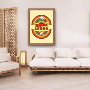 Póster retro de buenas vibras / Arte mural arcoíris de cerezas de los 70 / Descarga digital encantadora / Arte imprimible estético / Decoración de habitación bohemia