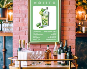 Mojito Recipe Print: Retro Bar Art, Colorful Kitchen Poster (PDF Download