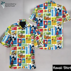 May include: A short-sleeved Hawaiian shirt featuring a colorful pattern with cartoon characters, arrows, and the word "explore". The shirt has a black collar and the text "Hawaii Shirt".