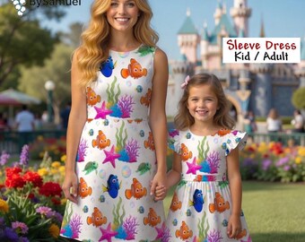 Finding Nemo Inspired Ruffle Sleeve Dress, Ocean Cartoon Fish Dress, Under the Sea Outfit, Family Matching Dress, Summer Twirl Dress