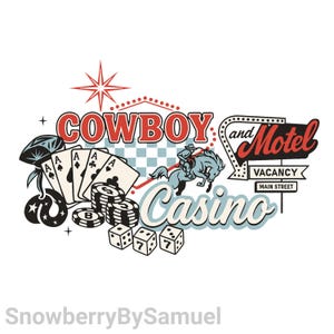 Cowboy Casino Motel PNG, Design Western Xadrez Retro Cowgirl, Cartas de Dados Modernas em Sublimação
