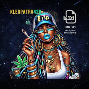 May include: A digital illustration of a woman with blue hair and a blue and white baseball cap with the word "Trip" on it. She is wearing sunglasses, gold jewellery, and a white shirt with the word "Trip" on it. The background is a dark blue with stars.