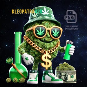 Op de afbeelding: Een cartoonillustratie van een cannabisknop-personage met een zonnebril, een gouden ketting met een dollartekenhanger en groen-witte sneakers. Het personage houdt een groene aansteker vast. Een bong, een pot cannabis en de tekst "KLEOPATRA420" zijn ook aanwezig.