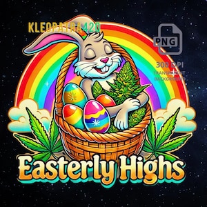May include: A cartoon illustration featuring a smiling bunny holding a cannabis plant in a woven basket with colorful Easter eggs. A rainbow arches behind the bunny, with the text "Easterly Highs" below. The image also includes the text "KLEOPATRA420".