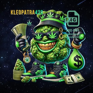 Peut inclure: Un personnage de dessin animé en forme de bourgeon de marijuana vert portant une casquette de baseball verte et noire, des lunettes de soleil et des baskets. Le personnage tient une liasse de billets dans une main et un sac d'argent vert dans l'autre. L'arrière-plan est un espace bleu foncé avec des étoiles.