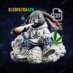 May include: Digital illustration of a gray rabbit wearing a white hoodie with a cannabis leaf, blue plaid pants, and black and white sneakers, smoking a joint while sitting on a cloud. The image includes the text "KLEOPATRA420".
