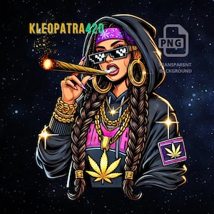 May include: An illustration of a woman with long braids, wearing a black hoodie, purple bandana, and pixelated sunglasses. She holds a lit blunt, with gold jewellery and a gold cannabis leaf on her hoodie. The text "KLEOPATRA420" is at the top.