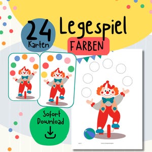 Op de afbeelding: Een kleurrijk educatief spel met een clown op een eenwieler, met de tekst "24 Karten" en "Farben". De afbeelding bevat een downloadbaar bestand met een clown die met kleurrijke ballen jongleert en een bijpassend spel.