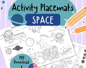 Space Activity Placemats Hand-Drawn Coloring Maze – Coloring Astronaut, Planet kids 2 3 4 5, Toddler Preschool Kindergarten printable sheets