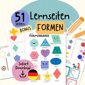 Könnte beinhalten: Lehrreiches Printable mit Formen wie Kreisen, Dreiecken und Herzen mit niedlichen Gesichtern. Enthält den Text "51 Lernseiten FORMEN" und "Sofort Download". Ein Bonusbereich ist ebenfalls enthalten.