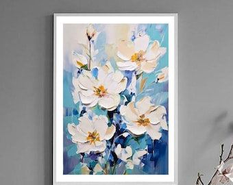 Flower Textured Wall Art 3D Abstract Painting Wall Decor Living Room Soft Color Textured Flower Wall Art Spring Decor, White Flower Art