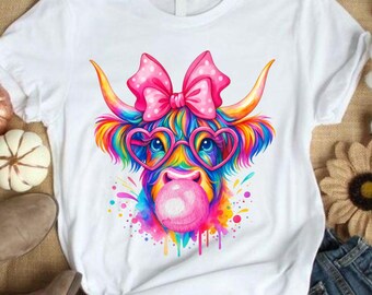 Coquette Highland Cow Bubblegum Tshirt Sublimation Design, trending PNG, Holographic Png, Instant Digital Download, Cow Clipart T-shirt Art