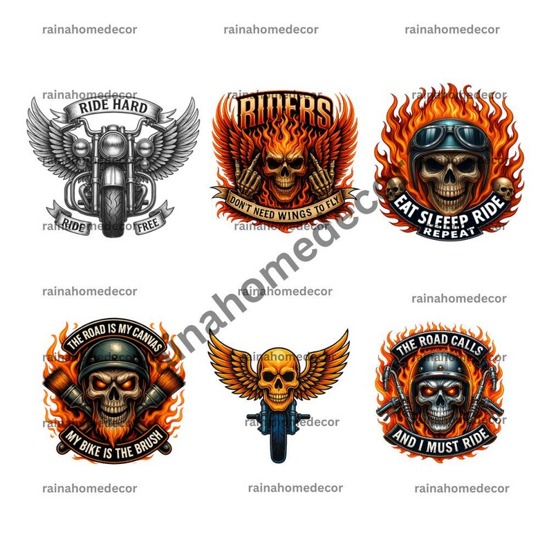 K&ouml;nnte beinhalten: Sammlung von sechs Grafikdesigns zum Thema Motorrad. Jedes Design zeigt einen Totenkopf, Flammen und Text. Die Designs umfassen ein Motorrad mit Fl&uuml;geln, einen Totenkopf mit Fl&uuml;geln und Totenk&ouml;pfe mit Helmen. Der Text enth&auml;lt S&auml;tze wie "Ride Hard" und "Eat Sleep Ride Repeat."