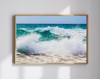 Print oceaangolven – Blue Beach Wave Photography | Kustmuurkunst | Moderne waterposter | Groot afdrukbaar stranddecor | Digitale download
