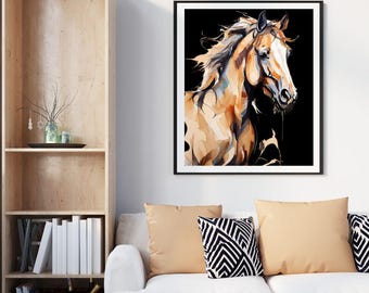 Abstract Horse Wall Art, Brown Horse Printable, Modern Equestrian Decor, Wild Animal Artwork, Living Room Digital Print, Contemporary Design
