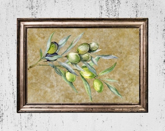 Rustic Olive Branch Wall Art, Botanical Mediterranean Art, Farmhouse Kitchen Boho Wall Art, Olive tree Branch Painting Digital Download