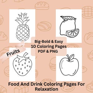 Food and Drink Coloring Pages, Big Bold and Easy Coloring Book Pages, Food Drink & Sweets | Fruits, Printable Digital Download