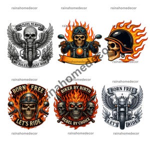 K&ouml;nnte beinhalten: Eine Sammlung von Grafikdesigns zum Thema Motorrad, die Sch&auml;del, Flammen und Motorr&auml;der zeigen. Designs enthalten S&auml;tze wie "No Plans, No Maps", "Born Free" und "Let's Ride". Die Farbpalette umfasst Schwarz, Wei&szlig;, Orange und Grau.