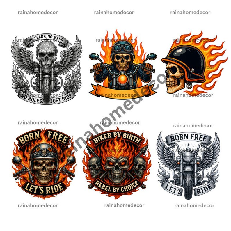 K&ouml;nnte beinhalten: Eine Sammlung von Grafikdesigns zum Thema Motorrad, die Sch&auml;del, Flammen und Motorr&auml;der zeigen. Designs enthalten S&auml;tze wie "No Plans, No Maps", "Born Free" und "Let's Ride". Die Farbpalette umfasst Schwarz, Wei&szlig;, Orange und Grau.