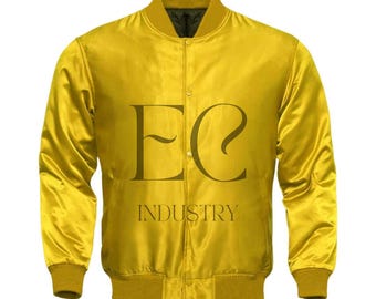 May include: A yellow satin varsity jacket with the letters "EC" and the word "INDUSTRY" printed on the front.