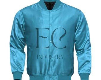 May include: A turquoise blue satin varsity jacket with the letters "EC" and the word "INDUSTRY" printed on the front.