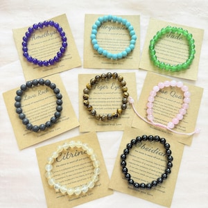 Natural Gemstone Bracelet Set – Healing Crystal Beads with Meaning Cards | Handmade Energy Gift | Jade, Amethyst, Rose Quartz & More