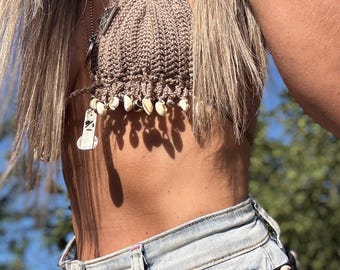 Crochet Halter Crop Top with Shells: Boho Festival Beachwear