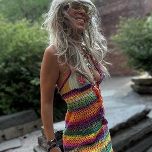 rainbow crochet mini dress Rainbow Crochet Mini Dress: Handmade Cotton Festival Beachwear