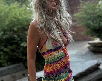 Rainbow Crochet Mini Dress: Handmade Cotton Festival Beachwear