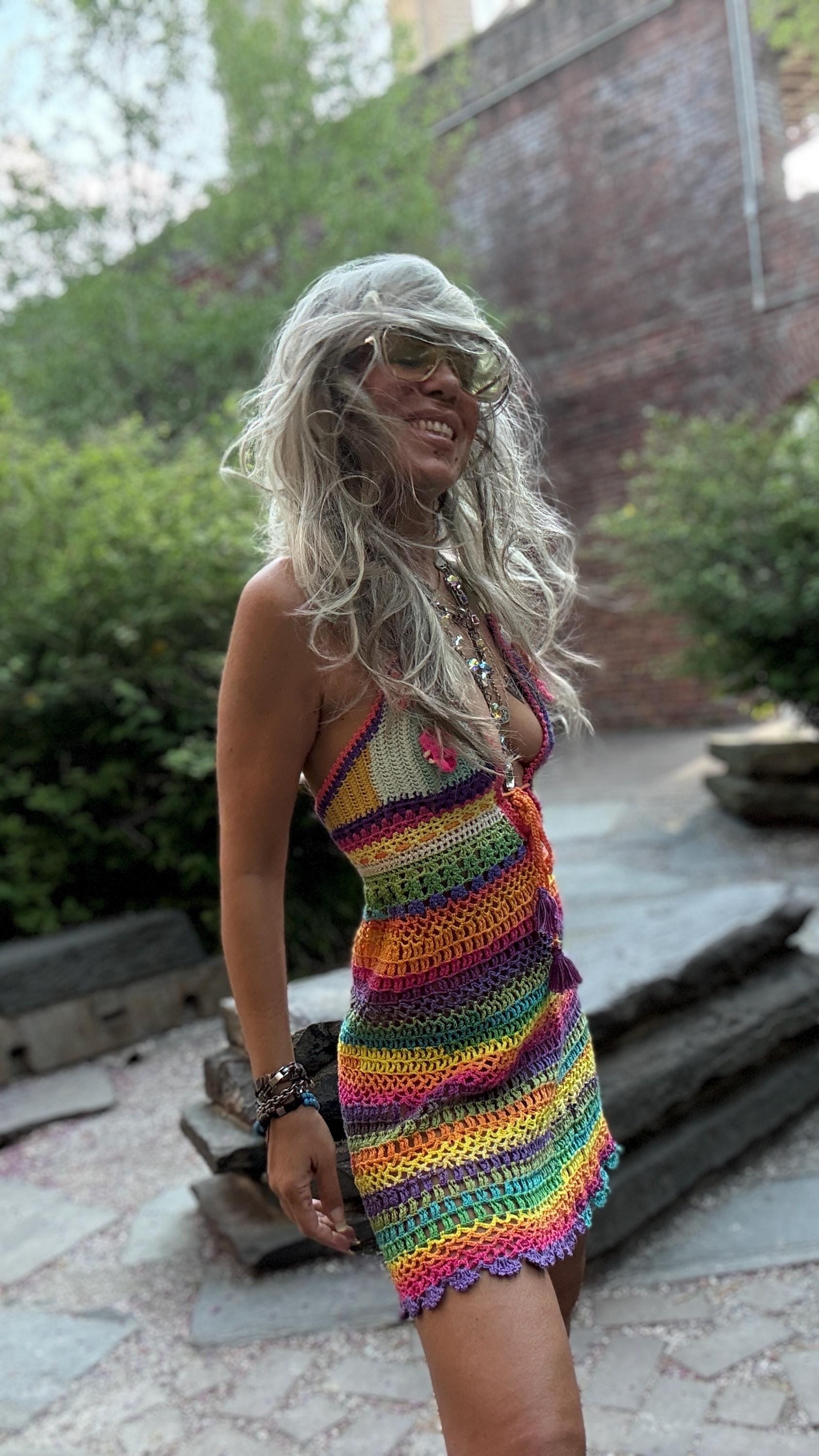Rainbow Crochet Mini Dress: Handmade Cotton Festival Beachwear - Etsy