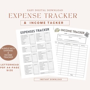 Puede incluir: Un paquete de descarga digital que presenta un rastreador de gastos y un rastreador de ingresos. El rastreador de gastos enumera categorías como comestibles y servicios públicos. El rastreador de ingresos tiene campos para el salario base y las deducciones.