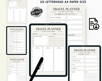 Puede incluir: Planificador de viaje imprimible con un diseño en blanco y negro. El planificador incluye secciones para detalles de alojamiento, lugares que visitar, comida para probar, un itinerario diario, transporte y un desglose del presupuesto. El planificador está disponible para descarga instantánea y se puede imprimir en casa.