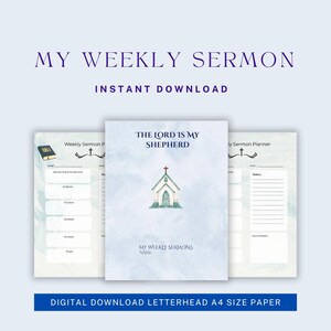 Puede incluir: Descarga digital de un planificador de sermones semanales con un fondo de acuarela azul claro. El planificador incluye secciones para notas, escrituras e introducción al sermón. La portada presenta una ilustración de una iglesia y el texto "El Señor es mi pastor."