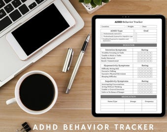 May include: An overhead shot of a workspace with a laptop, tablet, and coffee cup. The tablet displays an ADHD Behavior Tracker. Text on the image reads "Use Digitally or Print at Home" and "ADHD Behavior Tracker".