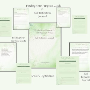 Peut inclure: Un journal et guide numérique intitulé "Finding Your Purpose Guide & Self Reflection Journal". Les pages sont vert clair avec du texte et des motifs floraux. Le journal comprend des sections pour l'auto-réflexion quotidienne.
