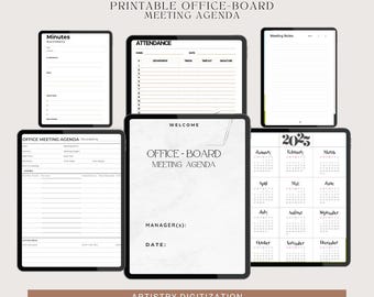 May include: A collection of printable office-board meeting agenda templates. The templates include sections for minutes, attendance, meeting notes, and a 2025 calendar. The designs are in black and white with the text "PRINTABLE OFFICE-BOARD MEETING AGENDA".
