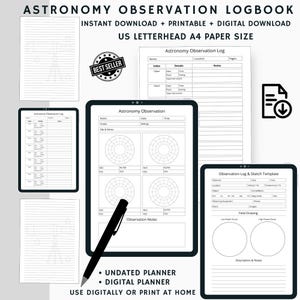 Könnte beinhalten: Ein schwarz-weißes Astronomie-Beobachtungs-Logbuch mit dem Text "Astronomy Observation Logbook". Das Logbuch enthält Vorlagen zum Aufzeichnen von Beobachtungen, Skizzen und Notizen. Es ist als Sofort-Download, druckbar und digital verfügbar.